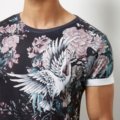 Black Oriental floral print T-shirt